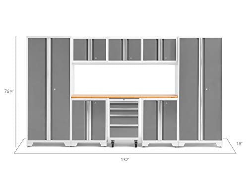 NewAge Products Bold Series White 9 Piece Set, Garage Cabinets, White with Bamboo Worktop, 54992