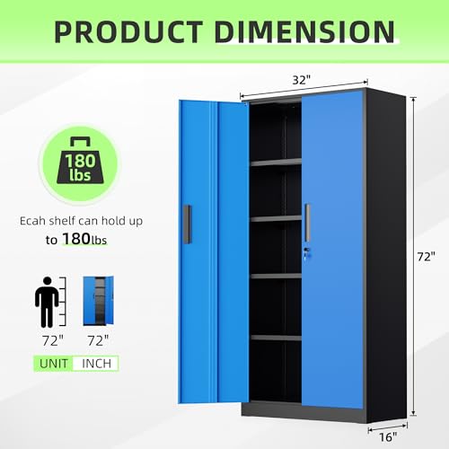 Bonusall 72" Metal Garage Storage Cabinet, 2 Locking Doors & 4 Adjustable Shelves Tall Storage, Heavy Duty Steel Tool Cabinet for Home, Office, Warehouse, School - Black Blue