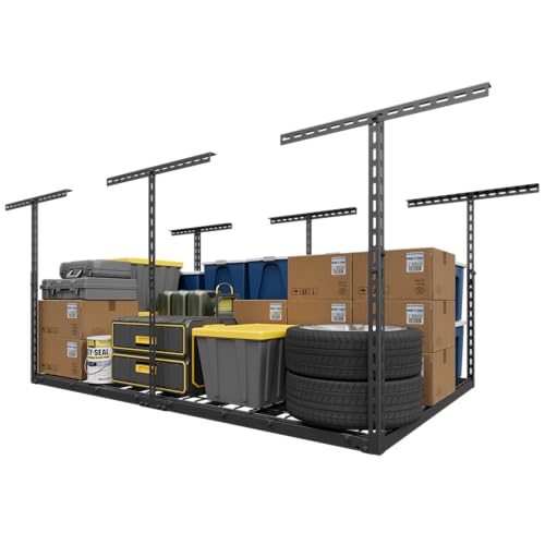 Jusgym 4X6FT Overhead Garage Storage Rack, 26"-40" Height Adjustable Garage Ceiling Storage Racks, Heavy Duty Metal Overhead Storage Organizer System, 450LBS Weight Capacity