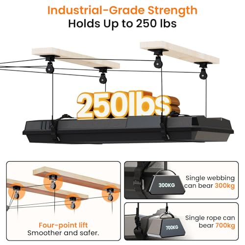 Pacikwest Garage Ceiling Storage Lift System Roof Top Tent Hoist, Heavy Duty Overhead Pulley System for Garage Storage Rack, 4-Point Lift 250lb Capacity, Adjustable Straps Fits 8-16ft Ceiling