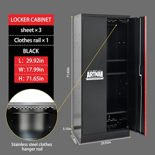 S.Walt Pre-Assembled Garage Storage Cabinet System, No Assembly Required, 6-Piece Workshop Cabinet Set in Black & Red with LED Lights, Wood Worktop, Key Locks, Adjustable Doors and Legs