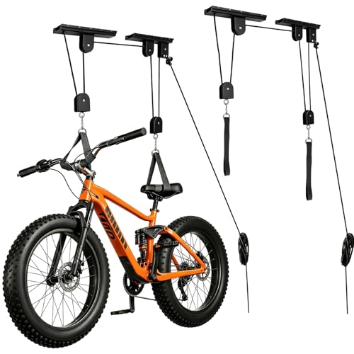 NYFITY Bike Hoist,Ceiling Mount Bike Hanger,Heavy Duty Bike Hangers for Garage,Bike Pulley System for Garage,Holds Up to 100 lbs,Ceiling Bike Hanger for Ebike,Road Bike,Fat Tire,Snowboard(2 Pack)