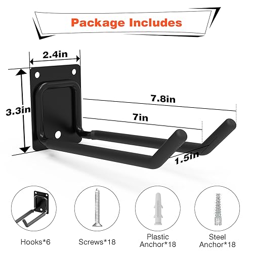 Mutilife 6 Packs 7.8inch Heavy Duty Garage Hooks, Garage Storage Organizer for Tool Organization, Shed Metal Utility Hooks Hanger for Tires, Bikes, Shed, Chair, Ladder, Ski and Snowboard