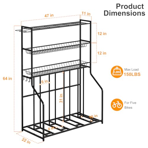 Riodalare 4 Bike Stand, Bike Rack Garage with 3-Tier Storage Baskets, Indoor Outdoor Bicycle Storage Stand Organizer, Metal Stability Floor Bicycle Station for Mountain, Road, Hybrid, Scooters