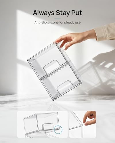 Vtopmart 4 Pack Small Clear Stackable Storage Drawers,Acrylic Bathroom Makeup Organizer,Plastic Storage Bins for Vanity, Undersink, Kitchen Cabinets, Pantry, Home Organization
