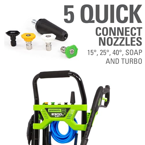 Greenworks 2300 PSI (2.3 GPM Max) Electric Pressure Washer (25°, 40°, Soap, and Turbo Nozzle) For Use On Decks, Fences, Concrete Patios, Sidewalks & More. Medium-Duty