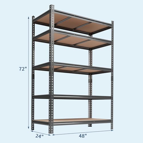 5-Tier Heavy Duty Adjustable Metal Storage Unit, 72" h x 48" w x 24" d, for Garage, Basement, Warehouse, Pantry, Closet, Kitchen, Black