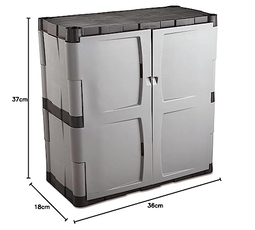 Rubbermaid Freestanding Storage Cabinet with Doors 18"D x 36"W x 37"H Medium Gray/Black Two-Shelf Lockable Cabinet for Indoor/Outdoor/Garage Storage for Garden Tools/Lawn Care Accessories