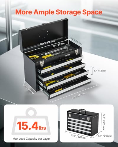 VEVOR Metal Tool Box, 20.5-inch, Portable Metal Tool Box with 4 Drawers, Small Tool Chest with EVA Liners, Ball Bearing Slide Drawers Locking & Powder Coated Finish, Multi-Function Tool Organizer