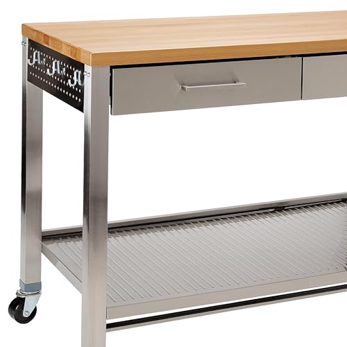Seville Classics Commercial Work Table Island Utility Cart Prep Station, for Restaurant, Kitchen, Warehouse, Garage, Hotel, Home, Stainless-Steel, Solid Wood Top, 48" W x 24" D