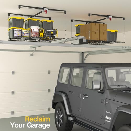 Overhead Garage Storage Rack for 8-10ft Ceiling, Heavy-duty 4x4 FT Garage Ceiling Storage Racks with Safety Lock, Ideal for Storage Mounted Lift System and Storage Organizer, 250lbs Capacity