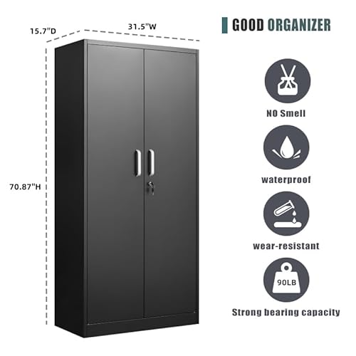 Approgreent Metal Storage Cabinet with Adjustable Shelves, Garage Cabinet with 2 Lockable Doors, Garage Storage Cabinet, Kitchen Pantry Cabinet - 71'H, Black