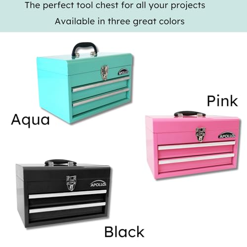Apollo Tools 14 Inch Steel Tool Box with Deep Top Compartment and 2 Drawers in Heavy-Duty Steel With Ball Bearing Opening and Powder Coated Finish Black