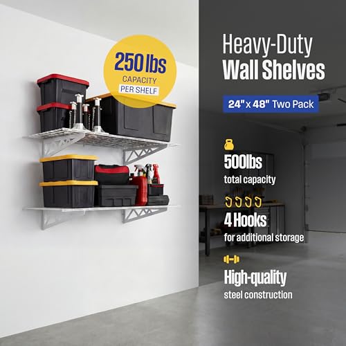 SafeRacks Garage Wall Shelves - 2 Pack Combo Set with 4 Hanging Hooks