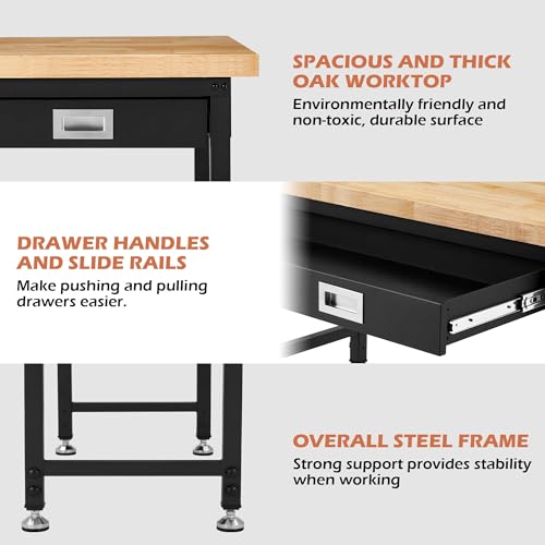 48” Adjustable Workbench with Drawer Storage, 2000 LBS Load Capacity Heavy Duty Workstation with Power Outlets, Rubber Wood Top Worktable for Garage, Office,Workshop, Commercial