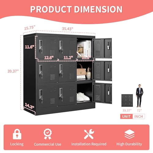 IKIMI Metal Lockers for Employees,Office Storage Locker with 9 Doors Black,Employee Locker with Lock and Card Slot,Steel Staff Locker Storage Cabinet for Gym Home School Garage,Assembly Required
