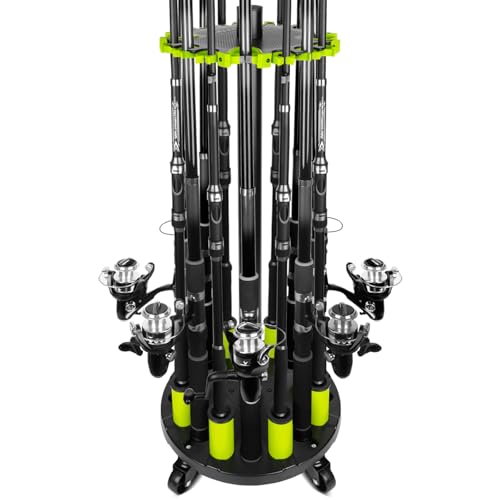 Hikeen Fishing Rod Holder for Garage, Fishing Pole Holders Rod Rack, Holds up to 20 Rods with Rolling Wheels, Fishing Gear Equipment Storage Organizer