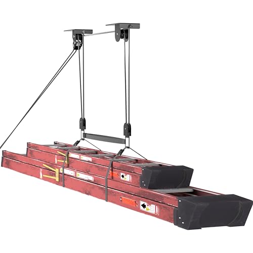 TRUSOON Ladder Storage, Larger Pulley Ladder Hoist, Self Locking Function Ladder Hanger, Garage Ceiling Mount Lift System for Kayak, Cargo Box, Canoe, Bike,Fit 10-14 Foot Ceilings, Hold 150 lbs