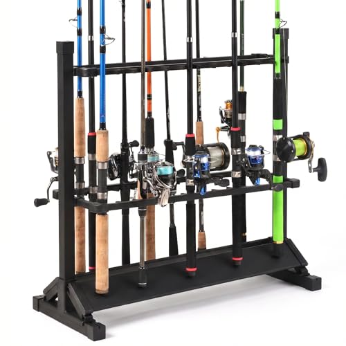 Jorazor 24-Rod Aluminum Fishing Rod/Pole Holder, Rustproof Fishing Rod Rack with 360° Lockable Wheels, Multi-Functional Storage Organizer for Garage & Home, Fits Most Rods & Golf Clubs (Black)