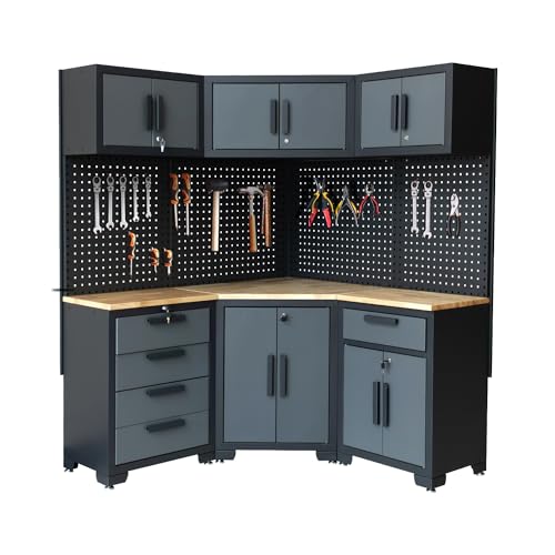 HPDMC Corner Workshop Set - Garage Cabinets and Storage System with Corner Cabinet, Cabinet Drawers, Workbench, Pegboard for Tool Organization - Black and Grey