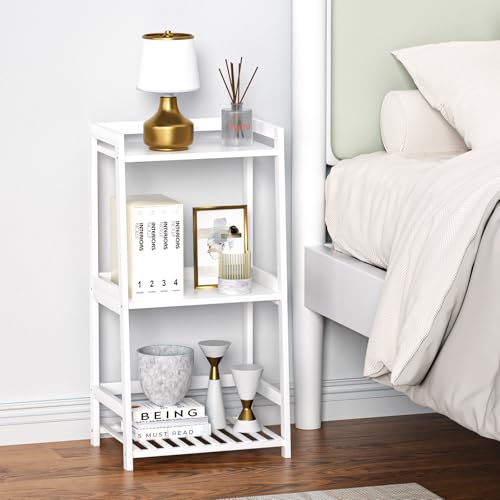 POXAKA 3 Tier Bamboo Bathroom Shelves, Ladder Shelf for Storage, Rustic Home Organizer, Space-Saving Design, Stylish Display Nightstand, Stylish Storage Solution for Home, Living Room, Kitchen
