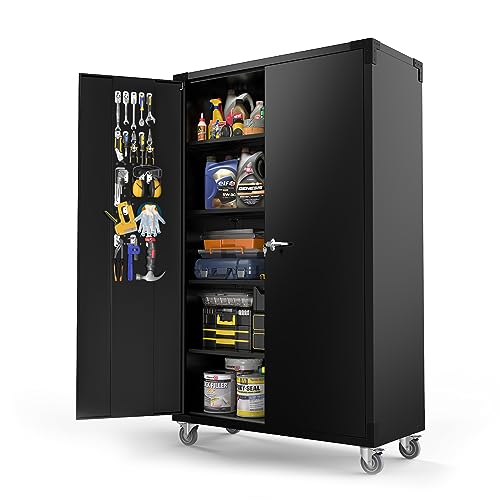 VINGLI Upgraded Wide & Deep Garage Storage Cabinet, Metal Storage Cabinet with Pegboards, Wheels, Locking Doors and Adjustable Shelves (Black, 43''W x 20''D x 72''H)
