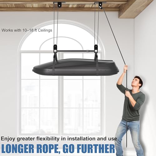 KOSEOO Cargo Box Pulley System for Garage Storage, Heavy-Duty Kayak/Canoes/Bikes/Ladders Ceiling Hoist, Hold Up to 150 lbs Capacity, Fit 10-18 Foot Ceilings, Black