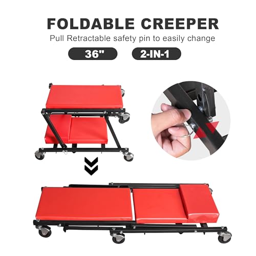 BIG RED ATR6505R-2 Torin Z-Creeper Seat: 36" Foldable Creeper, 2-in-1 Garage Shop Creeper for Auto Repair with 6pc Wheels, 300 lbs Capacity - Red