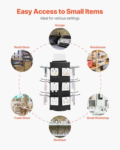VEVOR Rotating Pegboard Display Stand, 7.4 x 7.4 x 17 in 4-Sided Spinning Peg Board Display with 24 Hooks, Thickened Cold-Rolled Steel Craft Rack Organizer for Grocery Retail Store Jewelry Shop, Black