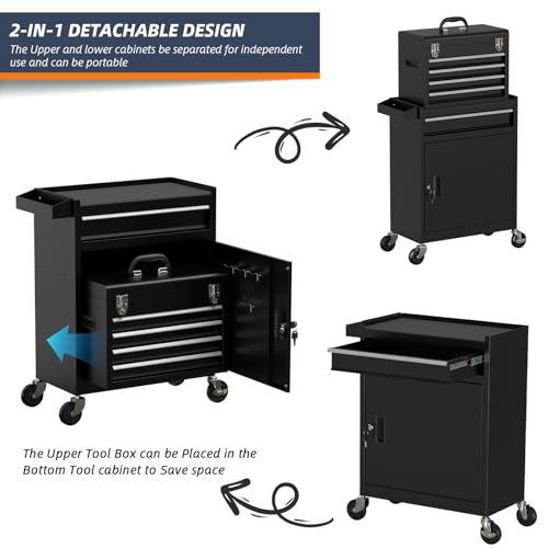 Granper 5-Drawer High Capacity Rolling Tool Box, Removable Cabinet Storage Tool Chest with Wheels and Drawers, Detachable Toolbox with Lock for Mechanics Garage Workshop and Tool Room (Black)