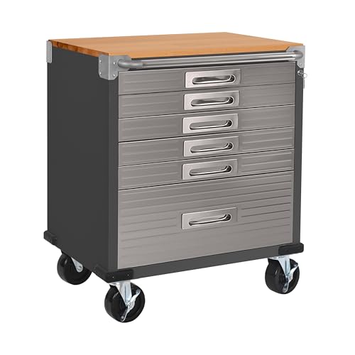 Seville Classics UltraHD Heavy Duty Rolling Cabinet Workbench Table w/Solid Wood Top, Workstation for Garage, Office, Workshop, Graphite, 6-Drawer Soft Close (28" W x 25" D)