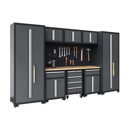 HPDMC Garage Storage Cabinet System 9-Pcs Workshop Set Garage Cabinets and Storage System with Steel Cabinet Drawers, Rolling Chest, Workbench, Pegboard for Garage Tool Organization, Black