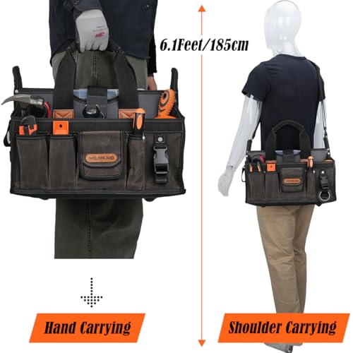WELKINLAND 20-Pockets Electrician Tool Tote, 16"-Wide Open Top Tool Tote, Waxed-Canvas Electrical Tools Bag, Heavy-Duty Tool Bags For HVAC Tech, Stay-Up Technician Tool Bag