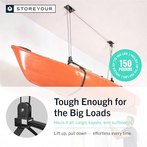 StoreYourBoard Kayak and Canoe Ceiling Hoist – Overhead Garage Storage Rack for Kayaks, Canoes, and Paddle Gear – Heavy Duty Pulley System Indoor Ceiling Mount – Holds 150 lbs, 10 to 14 ft High Spaces