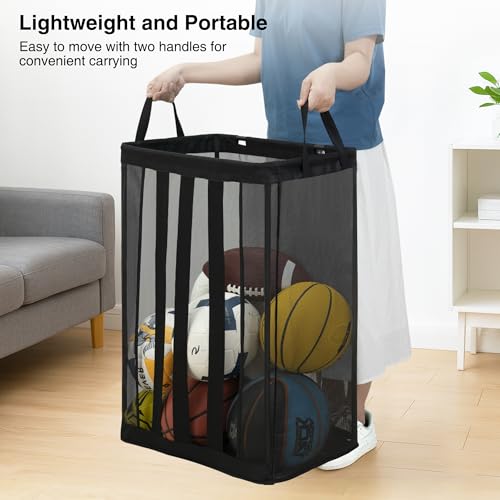 STO STO Ball Storage Basket, Wall-Mounted or Freestanding Garage Ball Organizer Holder, Holds up to 15 Balls, Sports Equipment Organizer with Elastic Front Access for Garage, Gym, Playroom, Black