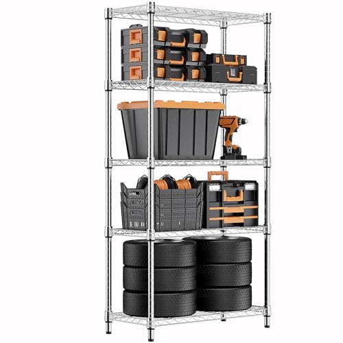 M MZG 1250 lbs Steel Heavy Duty 5-Tier Utility Shelving Unit Steel Organizer Wire Rack for Home,Kitchen,Office,Chrome (13.7" D x 23.6" W x 62.4" H)