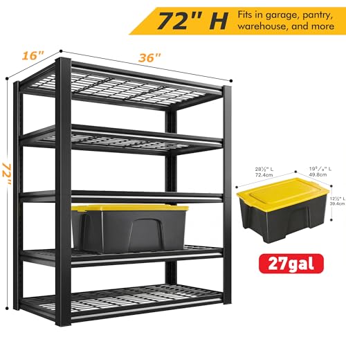 REIBII Garage Shelving 3200LBS, 5-Tier Storage Shelves, Adjustable Industrial Metal Shelving Unit for Garage, Basement, Pantry, Warehouse,Commercial, 36" W x 16" D x 72" H