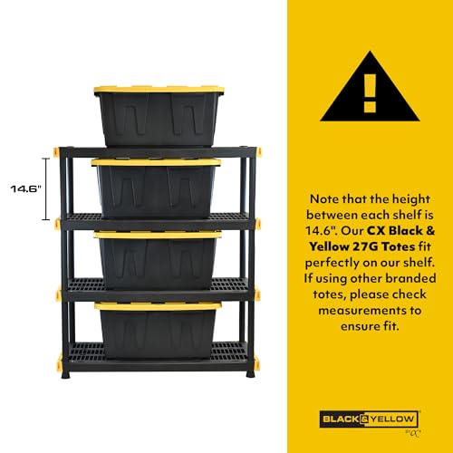 CX Black & Yellow, 4-Tier Heavy Duty Plastic Storage Shelves that Support up to 200lbs/shelf, Organization and Storage, Weather-Resistant Design, Easy Assembly (55"H x 48"W x 20"D)