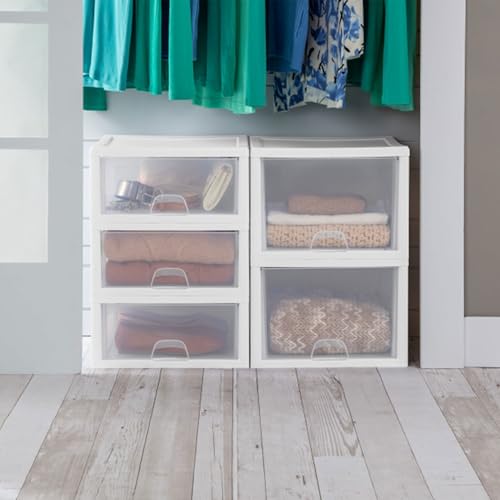 Sterilite 8-Pack 27 Quart Stacking Drawer, Clear Storage Closet Organizer, White Frame - Stackable Modular Plastic Drawers for Clothes, Accessories, Craft Supplies, Shoes or Linens
