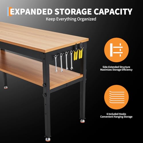 60" Work Bench with Storage Shelf, Adjustable Height Workbench, 60" x 24" Work Benches for Garage, 2500 LBS Tool Bench with Power Outlet for Workshop & Home