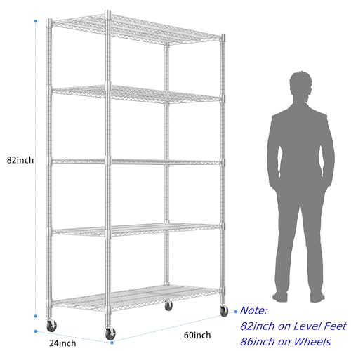 Homdox 5 Tier Heavy Duty Storage Shelves, Wire Shelving Unit with Wheels, Commercial Adjustable Metal Shelves for Storage, Garage Rack Pantry Shelves Kitchen Shelving, 24"x 60"x 82", Chrome