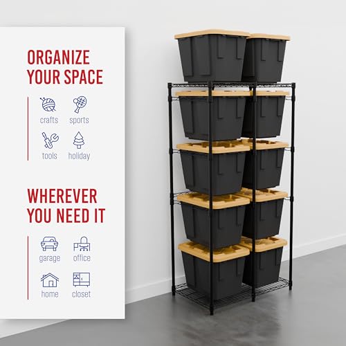 SafeRacks Bin Storage Rack for 12 Gallon Storage Totes – Includes 10 Bins - Garage or Holiday Decoration Organization, NSF Certified, Heavy Duty Steel 21.5"x34.25"x68" (Black)