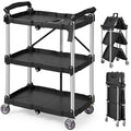 VEVOR Foldable Utility Service Cart, 165LBS 3 Shelf Heavy Duty Plastic Rolling Cart with 360° Swivel Wheels (2 with Brakes), Ergonomic Handle, Portable Garage Tool Cart for Warehouse Office Home