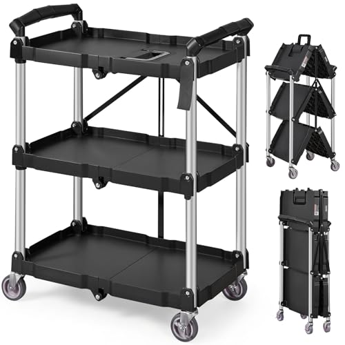 VEVOR Foldable Utility Service Cart, 165LBS 3 Shelf Heavy Duty Plastic Rolling Cart with 360° Swivel Wheels (2 with Brakes), Ergonomic Handle, Portable Garage Tool Cart for Warehouse Office Home