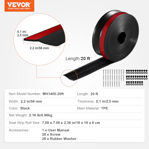 VEVOR Garage Door Seal Top and Sides Seal Strip, 20 FT Universal Weather Stripping Replacement Soft and Hard Composite, Weatherproofing Garage Door TPE Seals with Adhesive Backed and Screws, Black