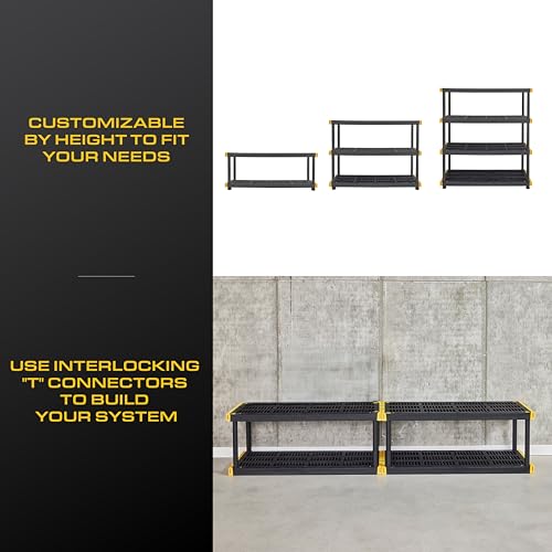 CX Black & Yellow, 4-Tier Heavy Duty Plastic Storage Shelves that Support up to 200lbs/shelf, Organization and Storage, Weather-Resistant Design, Easy Assembly (55"H x 48"W x 20"D)