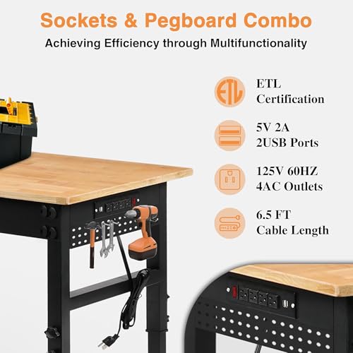 Betterhood 96" Adjustable Workbench, 5000 LBS Heavy Duty Work Table with Power Outlets & Pegboard, Rubber Wood Workstation for Garage, Workshop, Office, Home, Commercial