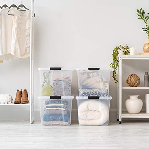 IRIS USA 72 Qt Stackable Plastic Storage Bins with Lids, 6 Pack - BPA-Free, Made in USA - See-Through Organizing Solution, Latches, Durable Nestable Containers, Secure Pull Handle - Clear