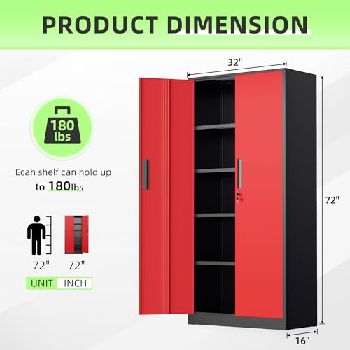 Bonusall 72" Metal Garage Storage Cabinet - 900lbs Heavy Duty Steel Cabinet with 3-Point Locking System & 4 Adjustable Shelves, Lockable Tall Storage for Garage, Office, Warehouse - Black & Red