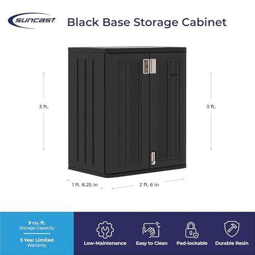 Suncast Base Storage Cabinet for Garage Organization - 9 Cu. Ft. Lockable 2-Shelf Organizer for Garden Supplies, Paint Cans & Outdoor Tools, Multi-Wall Resin Construction, Black